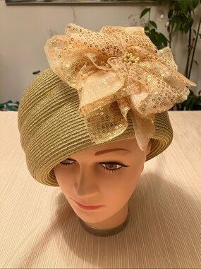 Elegant Metallic Gold Women's Cloche Hat With Gold Sequined Floral Accent